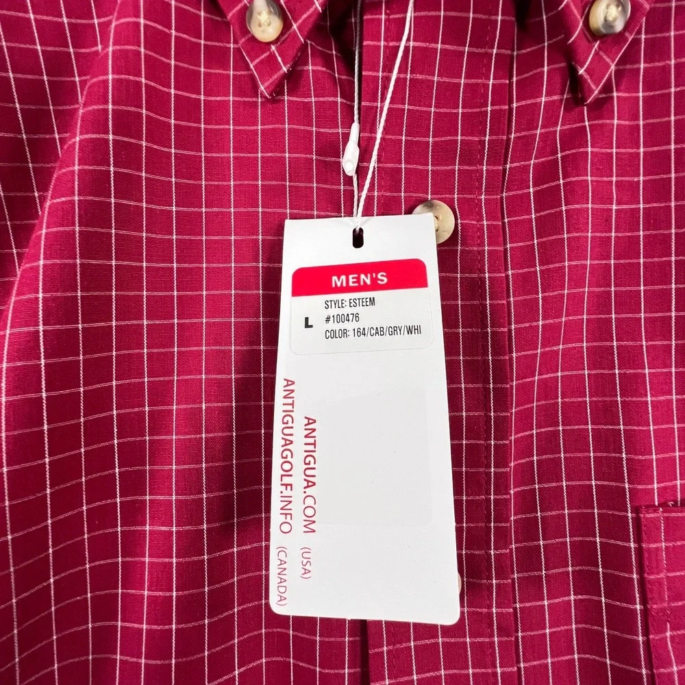 Antigua Esteem Mens Red White Grid Check Button Down Shirt Large NWT